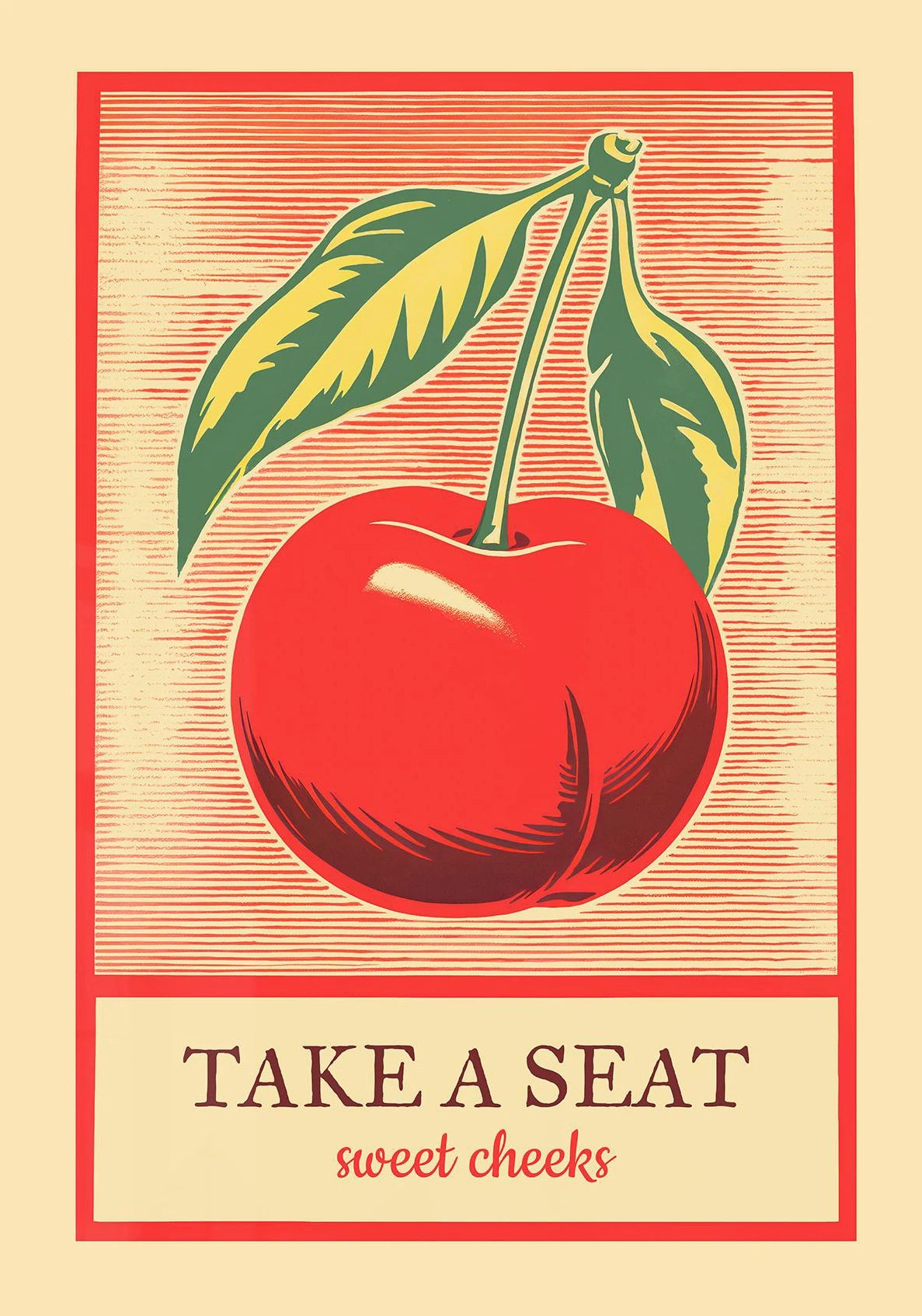 Take A Seat Sweet Cheeks Poster Print Retro Bathroom Wall Art Strawberry Peach Nice Bum Funny Toilet Home Decor Picture Peaceful Pleasures Health and Wellness DM35-6 50x70cm Unframed
