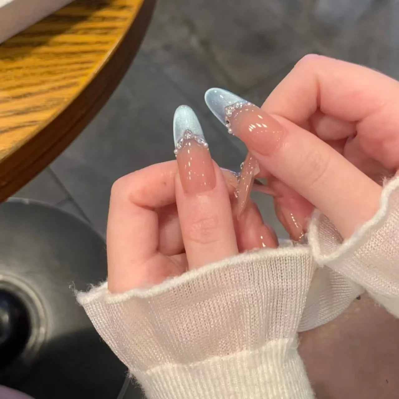 10pcs Handmade Blue Cat Eye Press on Nails with Glitter Diamond Design Fake Nails Wearable Detachable Sweet Almond False Nails Peaceful Pleasures Health and Wellness