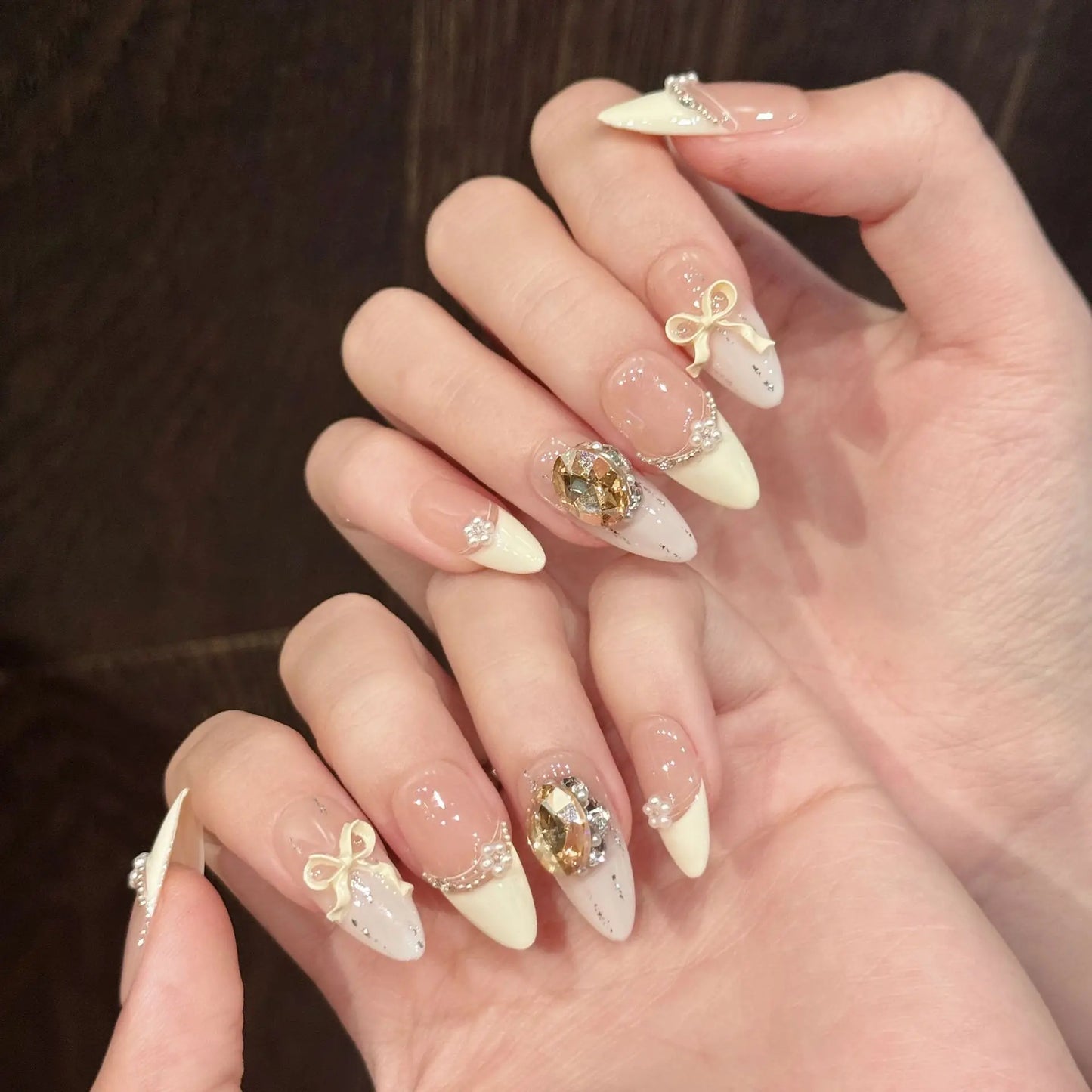 10pcs Handmade Almond Press on Nails White Bow Large Crystal Design False Nails Wearable Full Cover French Girl False Nail Tips Peaceful Pleasures Health and Wellness
