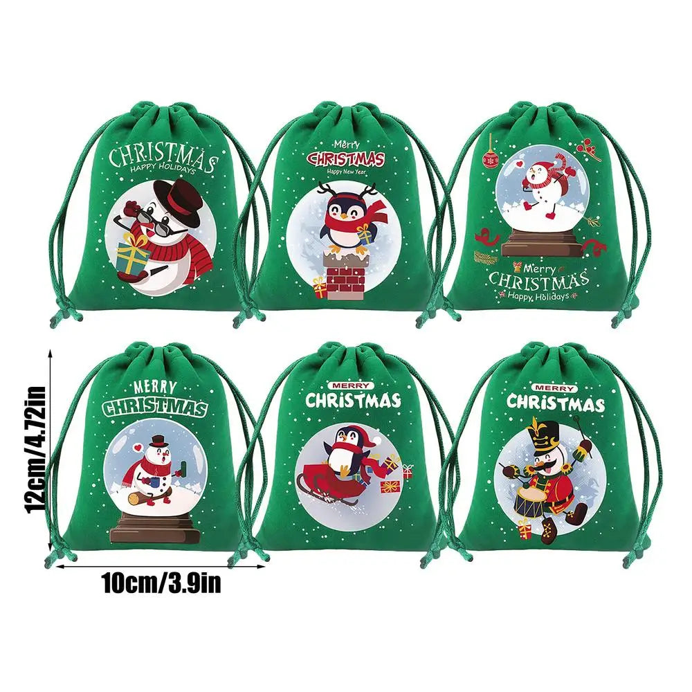 Christmas Drawstring Gift Bags – 6-Piece Reusable Flannel Pouches