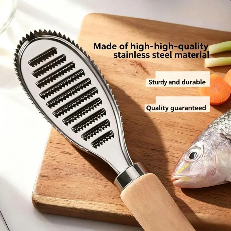Manual Fish Scaler Stainless Steel Descaler & Wood Handle