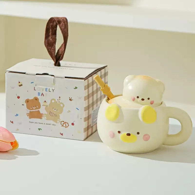 Bear Ceramic Mug with Lid – 450ml Cute Cartoon Cup Gift