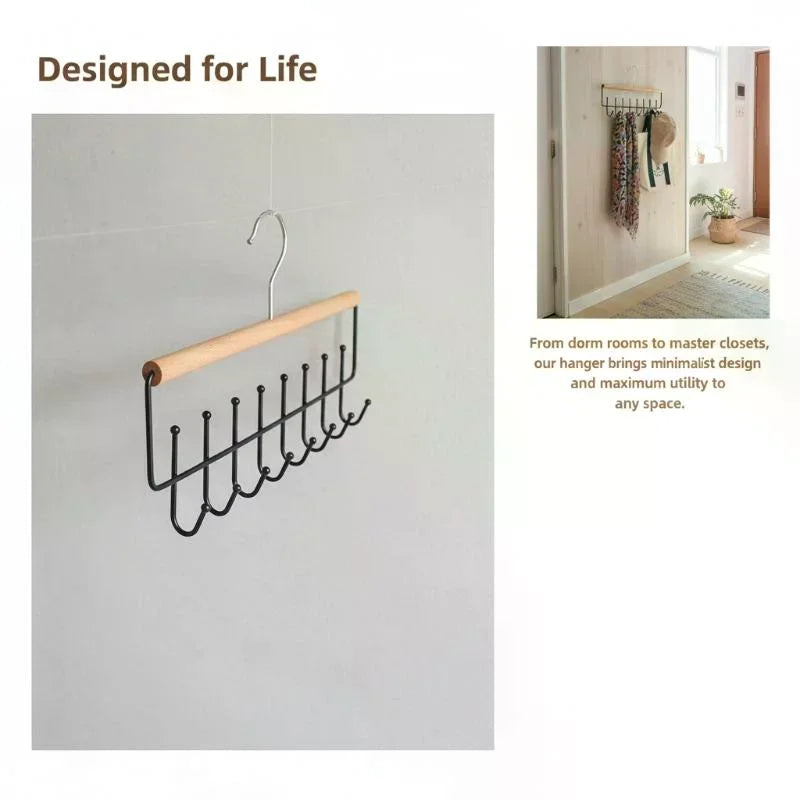 Wooden Hat Organizer Rack with Hooks – Caps, Belts & Ties