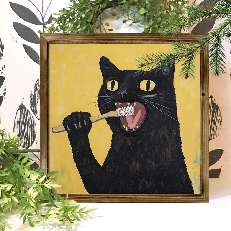 Charming Black Cat Brushing Teeth Rustic Farmhouse Wall Canvas Art for Home, Cafe, Bathroom Decor | Unique Holiday Gift Unframed Peaceful Pleasures Health and Wellness