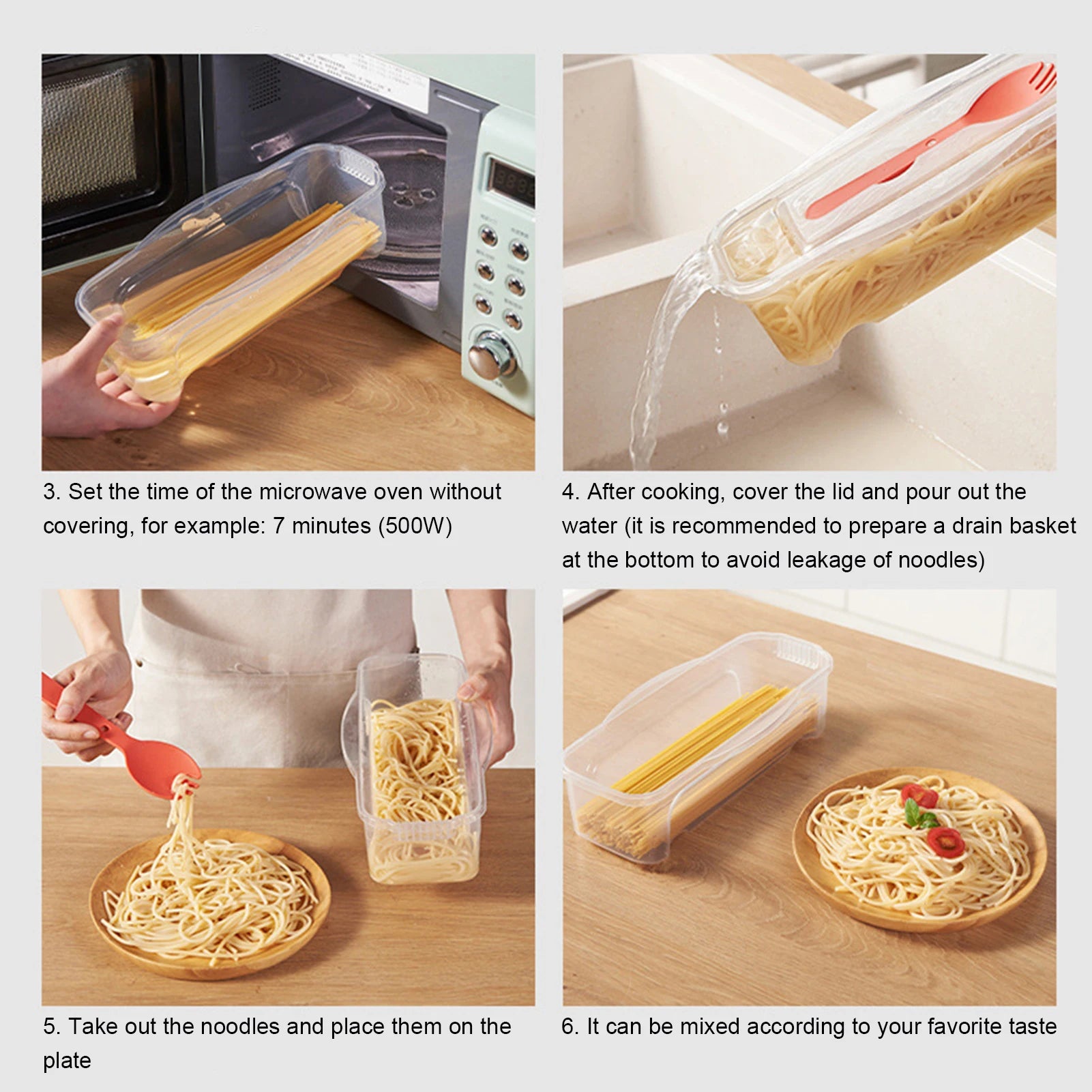 Microwave Food Boxes with Lids 44oz Microwavable Spaghetti Cooking Box with Drainer & Flatware for Spaghetti Vegetables Peaceful Pleasures Health and Wellness