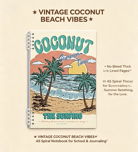 Retro Tropical Notebook Product Photo Vintage Beach Vibes Spiral Peaceful Pleasures Health and Wellness B5