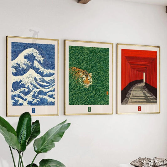 3-Piece Retro Japanese Tiger Wave Canvas Wall Art Posters Canvas Wall Art Set Peaceful Pleasures Health and Wellness G5373-3pcs 40x60cm Unframed