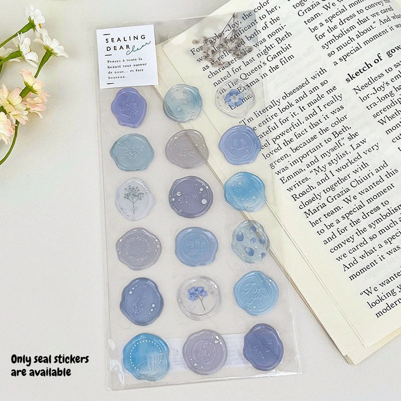 1 Sheet Ins Style DIY Imitation Fire Paint Seal Sticker Transparent Artistic and Beautiful Envelope Sealing Sticker Peaceful Pleasures Health and Wellness Blue-1 sheet