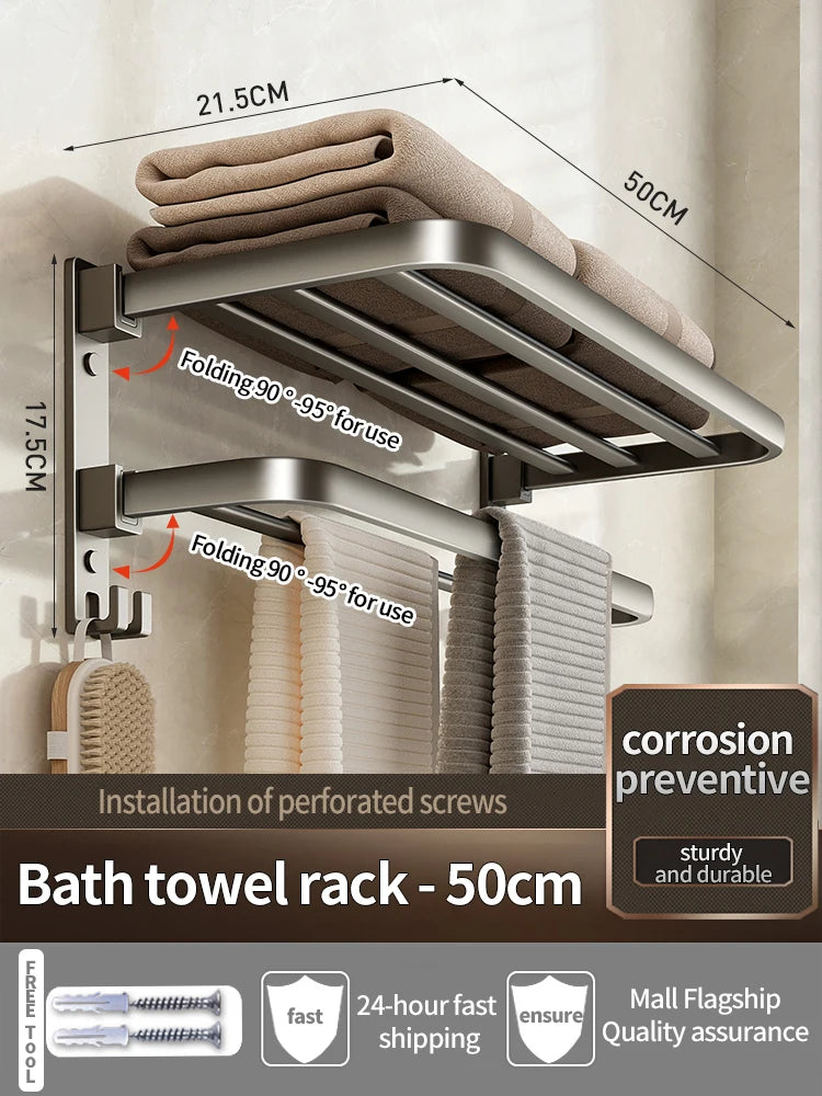Folding Aluminum Towel Rack with Hook | 50CM & 60CM Grey/Black