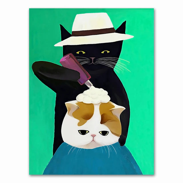 Wall Art Mural Modern Cartoon Cat And Dog Haircut Humor Poster Canvas Painting Hand-Painted Picture Printing Home Room Decor Peaceful Pleasures Health and Wellness 12 20x30cm Unframed
