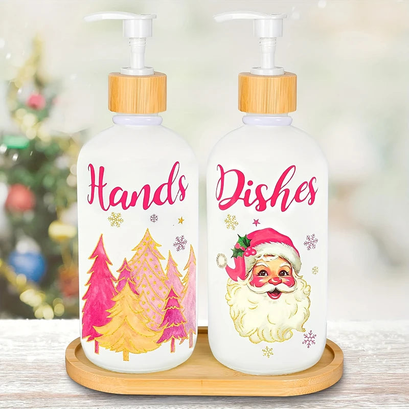 Christmas Gnome Soap Dispenser Set of 2 with Tray – Festive Xmas Kitchen & Bathroom Holiday Decor