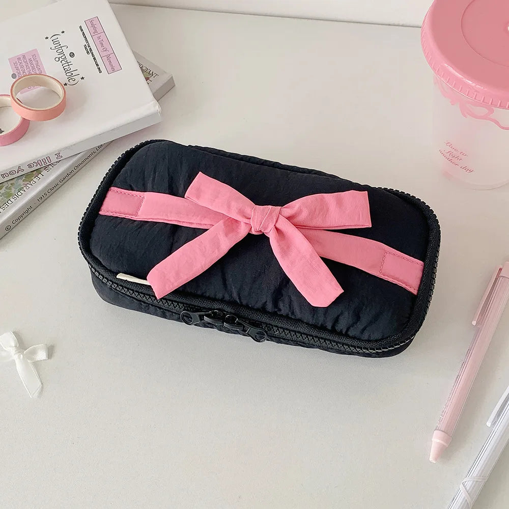 Soft Fabric Pencil Case Student Simple Bow Storage Bag Stationery Bag DIY Journal Desktop Storage Bag Practical Stationery Bags Peaceful Pleasures Health and Wellness black