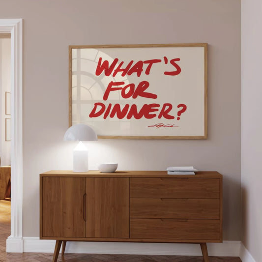 Red "What's For Dinner" Kitchen Canvas Wall Art Print Canvas Wall Art Peaceful Pleasures Health and Wellness G3556 30x40cm Black Frame