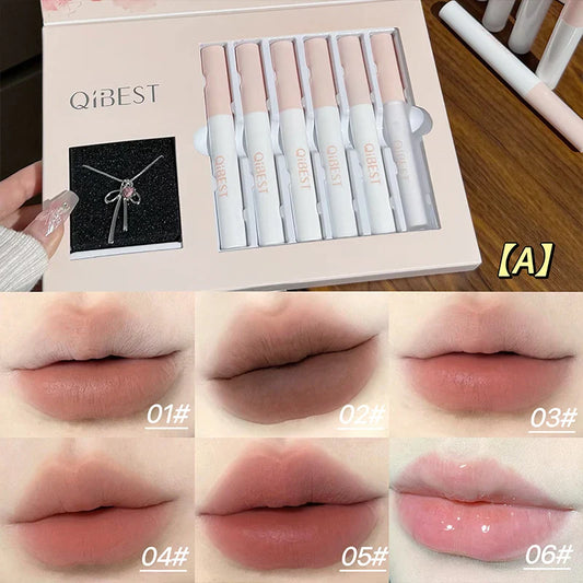 QiBest 6-Piece Matte Lipstick & Lip Glaze Gift Set + Mirror Lip Makeup Gift Set Oasis Select A Matte Lipstick