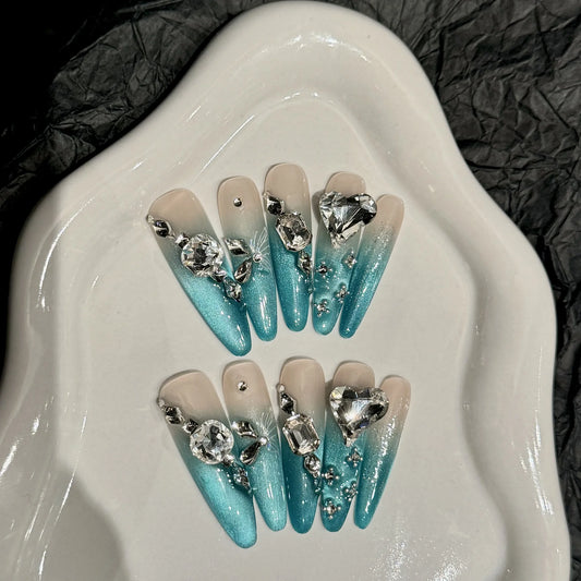 Handmade Press-On Nails | Gradient Blue Cat Eye Crystal Tips Press-On Nail Set Peaceful Pleasures Health and Wellness L