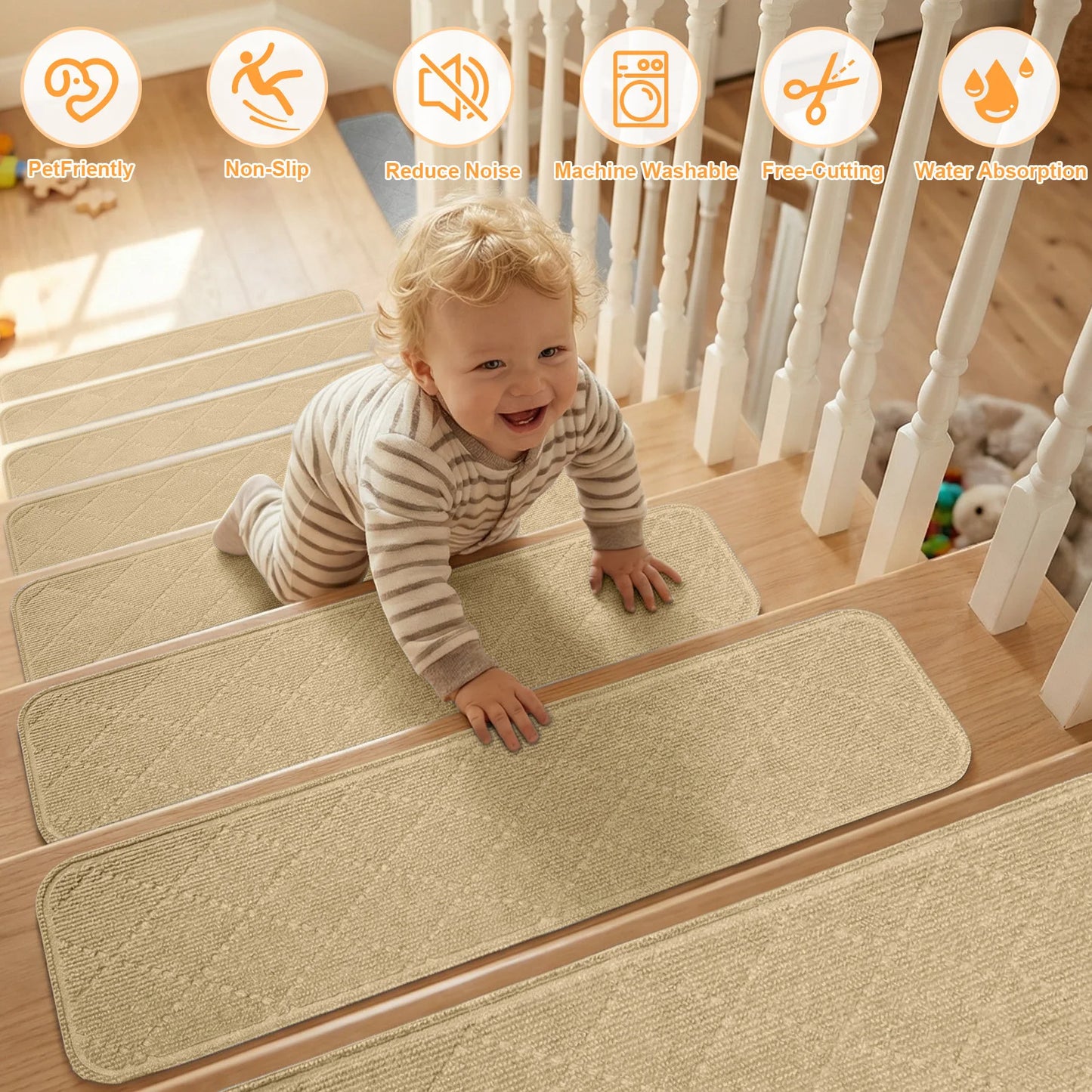 Non-Slip Self-adhesive Edging Stair Treads Indoor Soft Safety Stair Runners TPE Backing for Home Wooden Steps Kids Dogs Pads Peaceful Pleasures Health and Wellness Beige 76x20x0.5cm 8pc