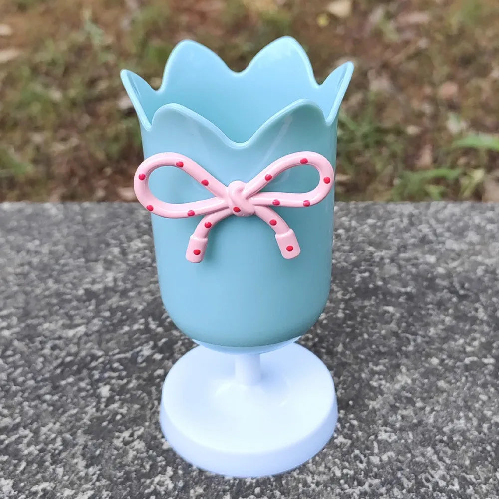 Plastic Flower Vase with Bowknot Aesthetic Decorative Vase Wedding Flower Arrangement DIY Flowerpot Home Office Decor Pen Holder Peaceful Pleasures Health and Wellness Blue