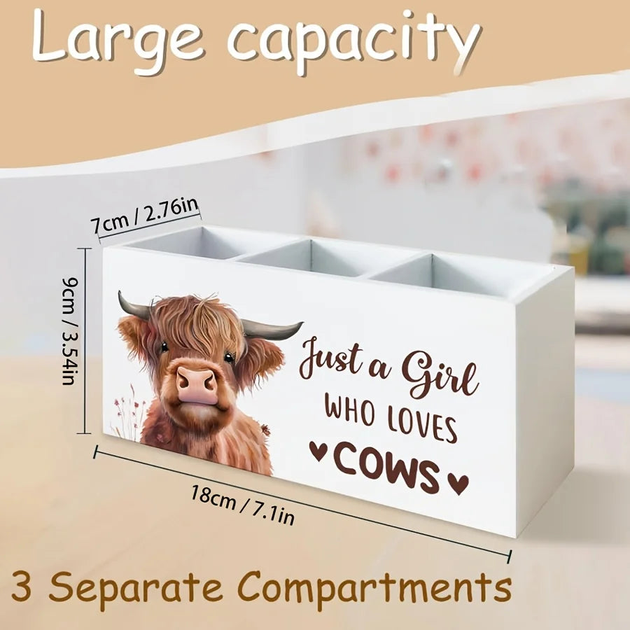 Highland Cow Pen Holder Organizer Makeup Brushes Storage Box Desk Decor for Women, Pencil Box Home Office Decoration Peaceful Pleasures Health and Wellness