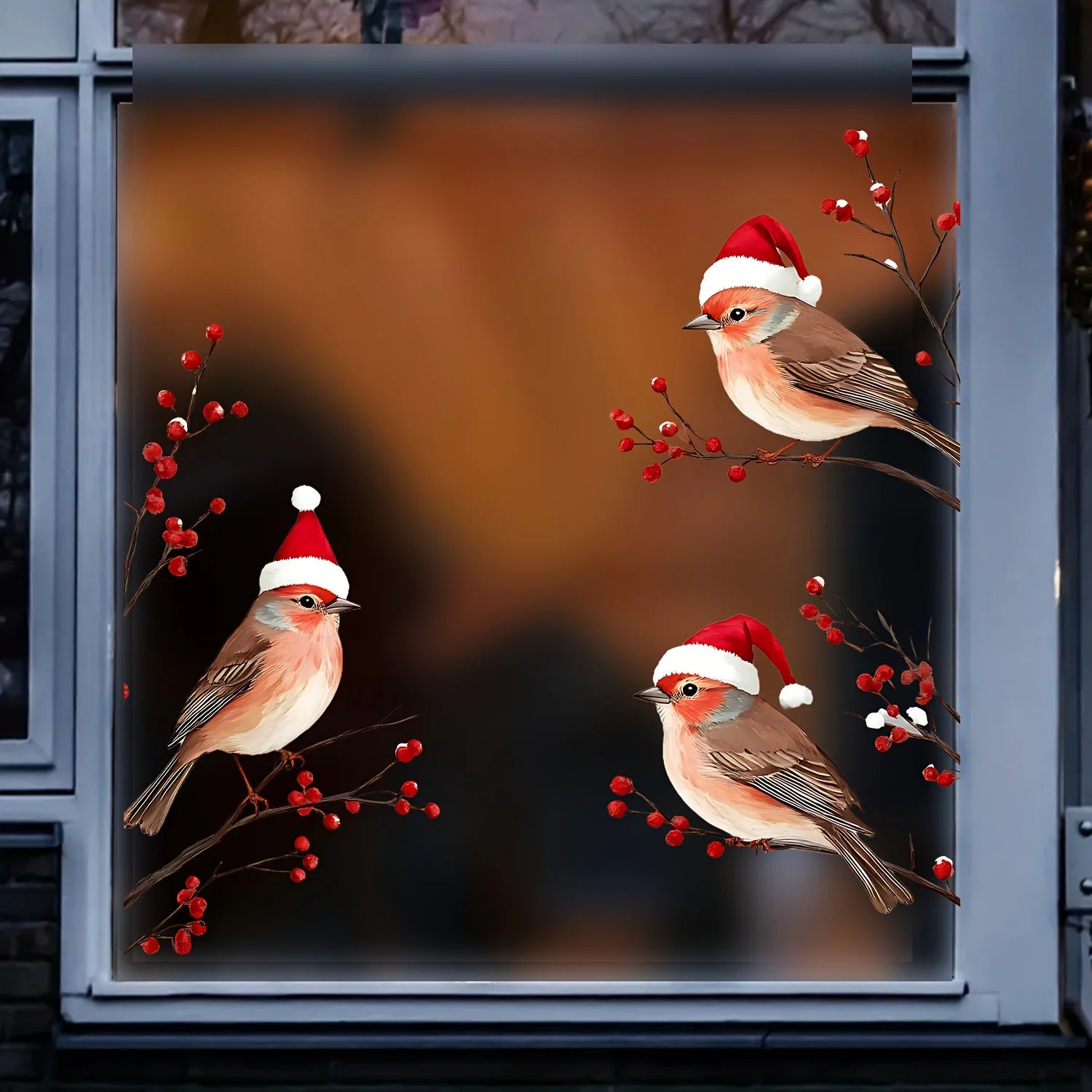 1PC Three Birds in Santa Hats Window Stickers Christmas Theme Red Berry Branches Decorative Wall Stickers for Glass and Window Peaceful Pleasures Health and Wellness