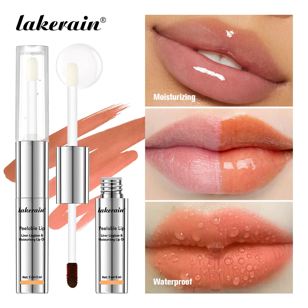 Lakerain 2 In 1 Liner Lipglaze & Moisturizing Lip Oil Peel-off Lip Gloss Deep Hydration Waterproof Soft Lips Dual-head Design Peaceful Pleasures Health and Wellness