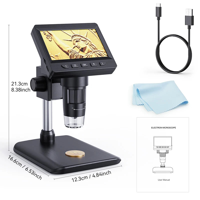 4.3" IPS Digital Microscope 1600X 2MP USB Electron Microscope Professional for PCB Watch Repair Coins Checking Peaceful Pleasures Health and Wellness black