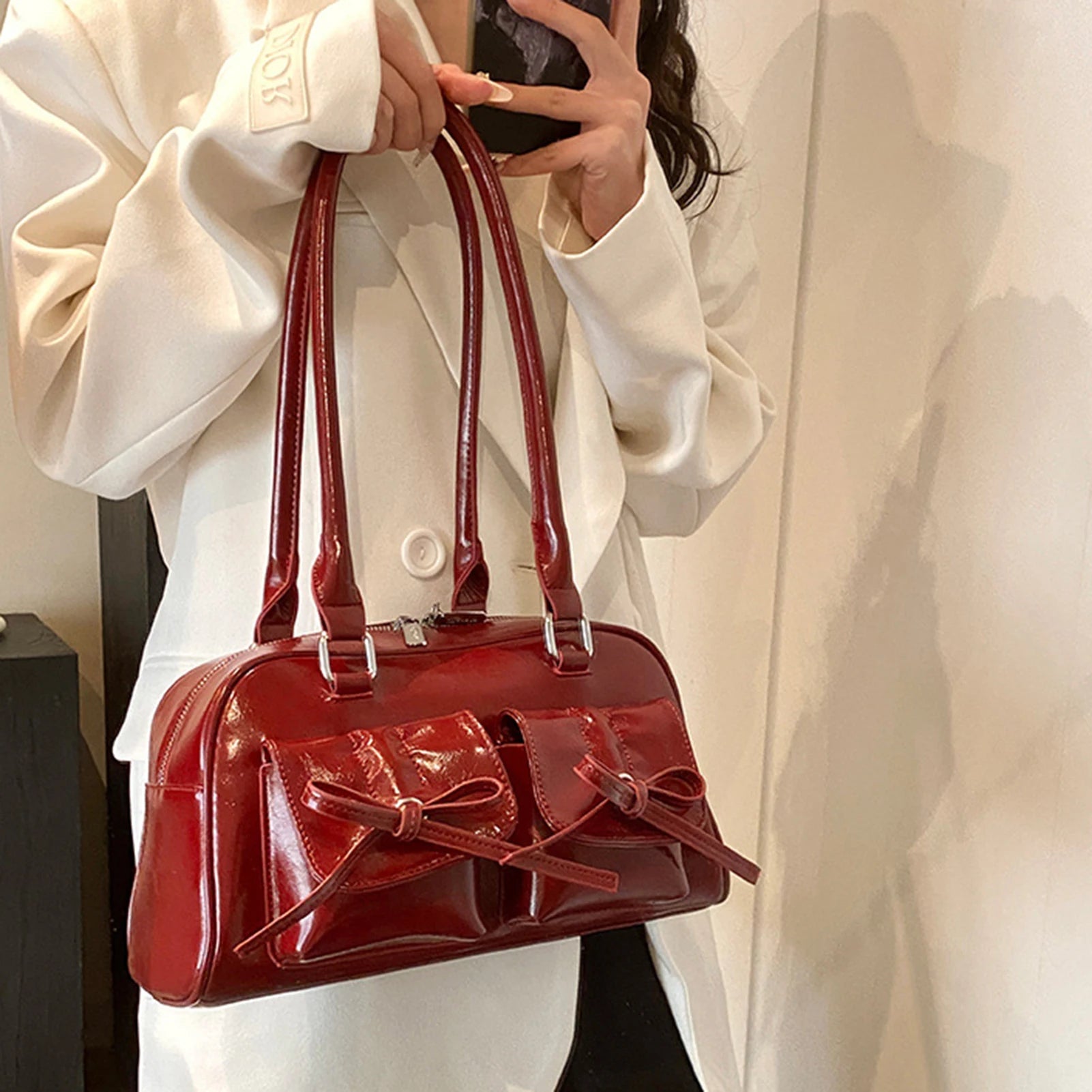 Ladies Elegant PU Shoulder Bag Fine Workmanship and Temperamental Handbag Exquisite Gift for Ladies Birthday Peaceful Pleasures Health and Wellness Red