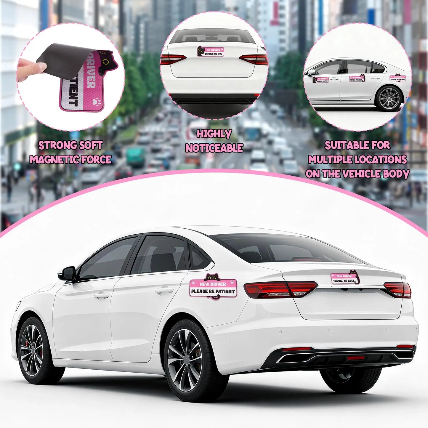3-Pack Funny Cat New Driver Reflective Magnetic Car Signs