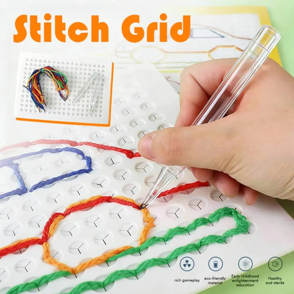 Handmade Kids DIY Threading Board Toy Colorful Grid Puzzle Rope