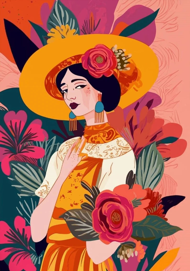 Latina Woman Floral Canvas Wall Art | Ethnic Maximalist Print