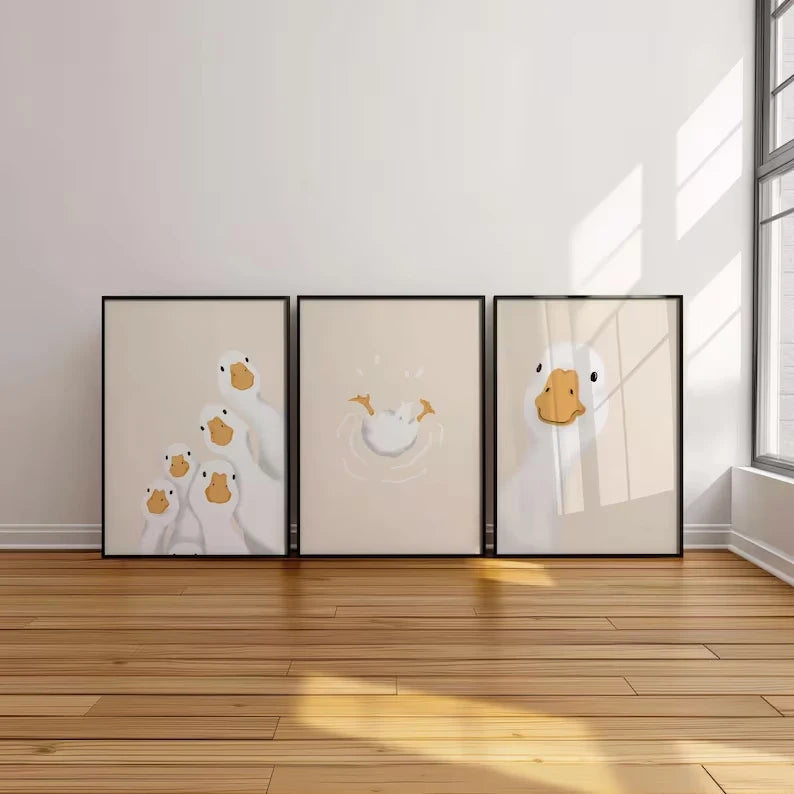 3-Piece Cute Duck Canvas Wall Art | Beige Cartoon Poster Set
