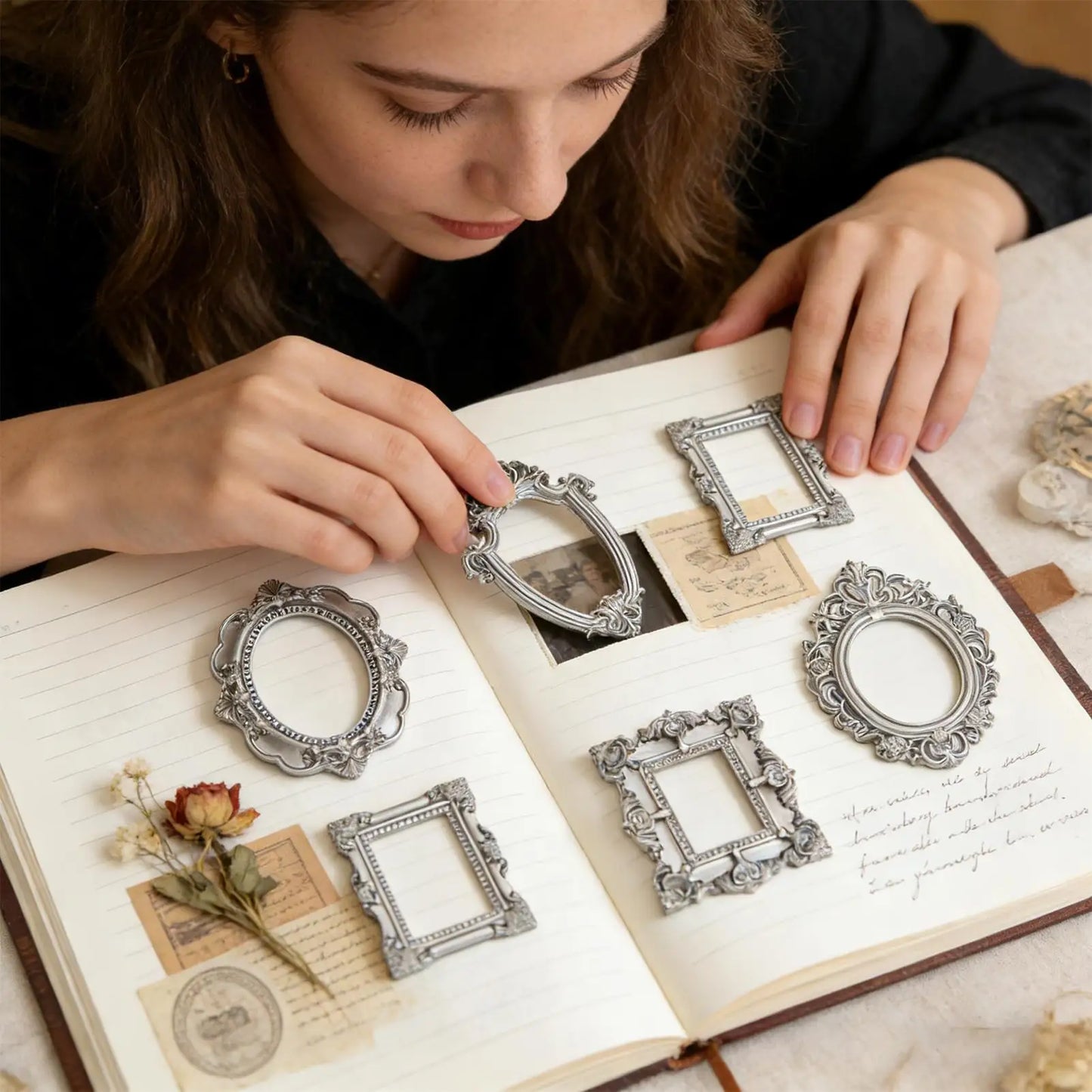 5-Piece Baroque Miniature Photo Frames | Retro Silver Resin Set