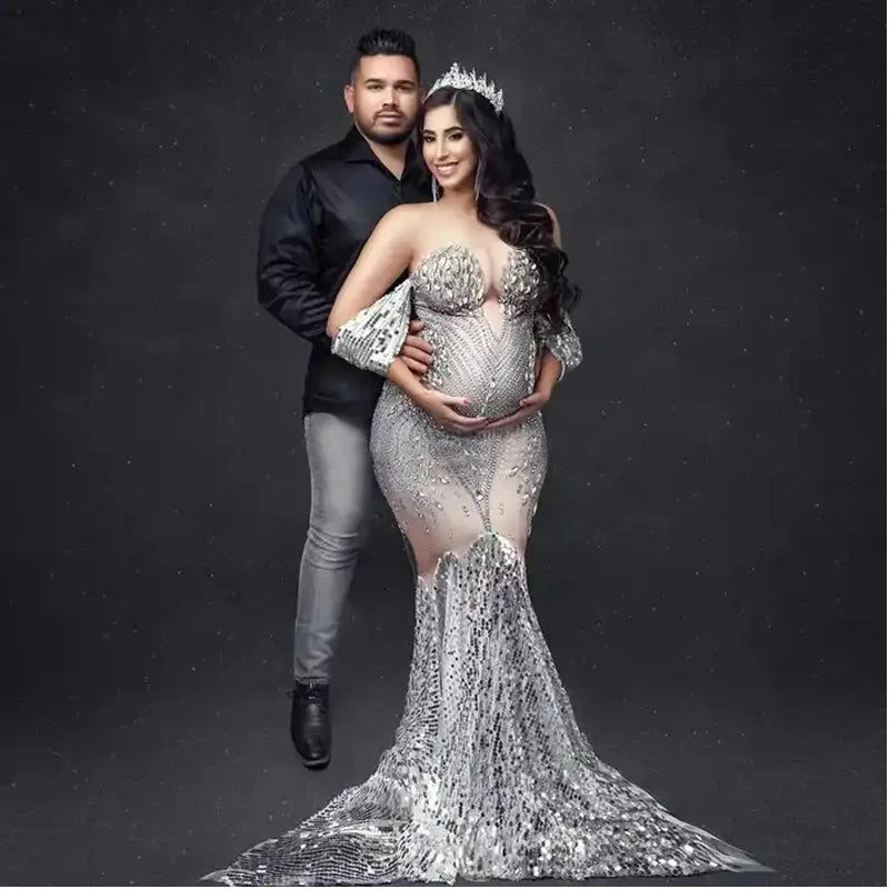 New Arrivals Elegant Shiny Rhinestones Off Shoulder Sexy Maternity Shoot Dress Sequin Fishtail Robe De Soiree Peaceful Pleasures Health and Wellness