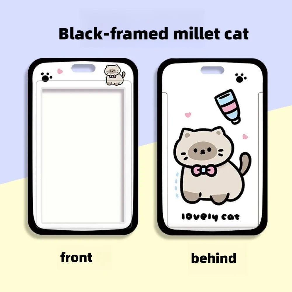 Cute Kitten Card Cover Student Cartoon ABS Sliding Card Bag Campus Card Meal Card Access Control Card Protective Case No Lanyard Peaceful Pleasures Health and Wellness Beige