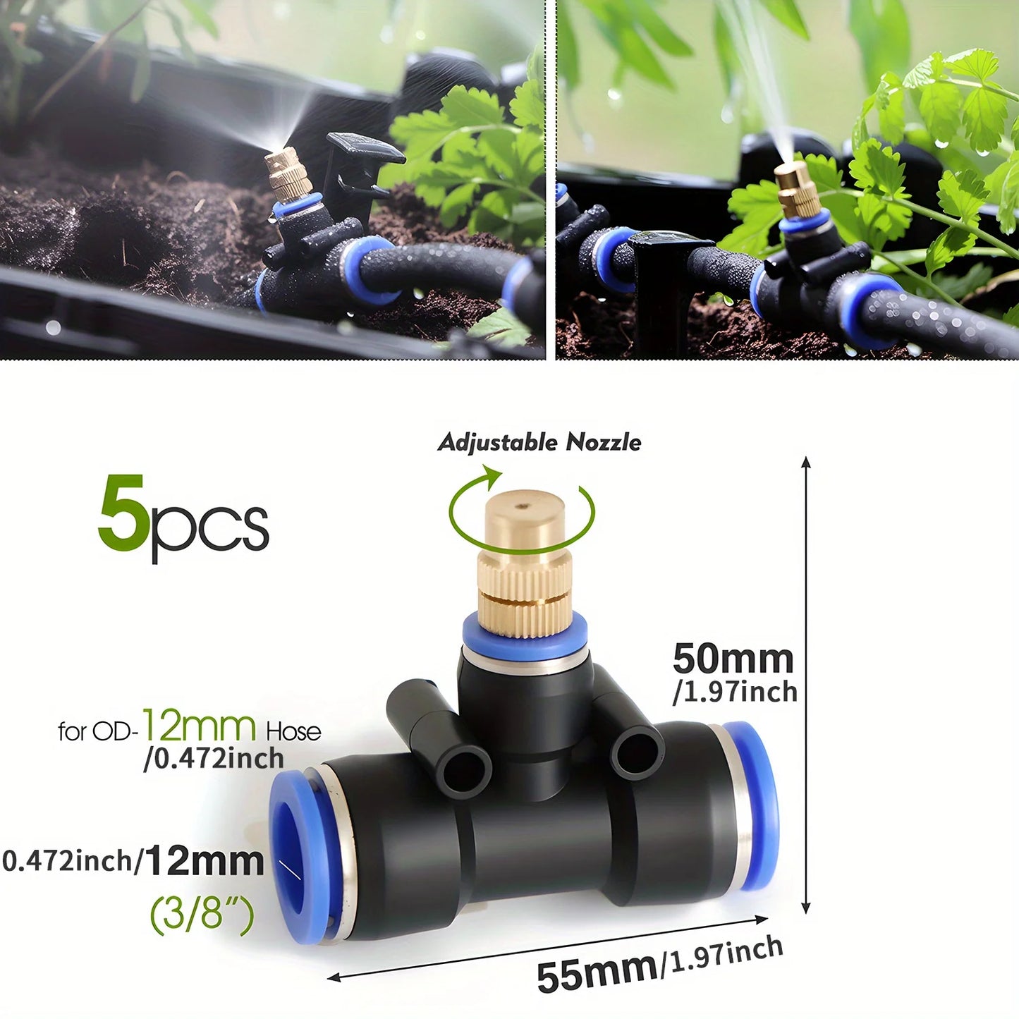 5PC Adjustable Brass Misting Nozzle with Tee Quick Connector for OD-8mm OD-12mmPE Hose Sprayer Garden Plants Atomizing Sprinkler Peaceful Pleasures Health and Wellness B-5PCS Nozzle