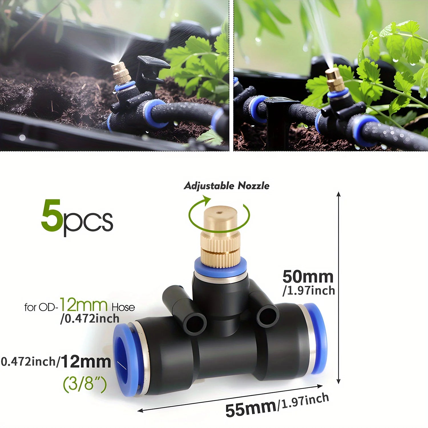 5PC Adjustable Brass Misting Nozzle with Tee Quick Connector for OD-8mm OD-12mmPE Hose Sprayer Garden Plants Atomizing Sprinkler Peaceful Pleasures Health and Wellness B-5PCS Nozzle