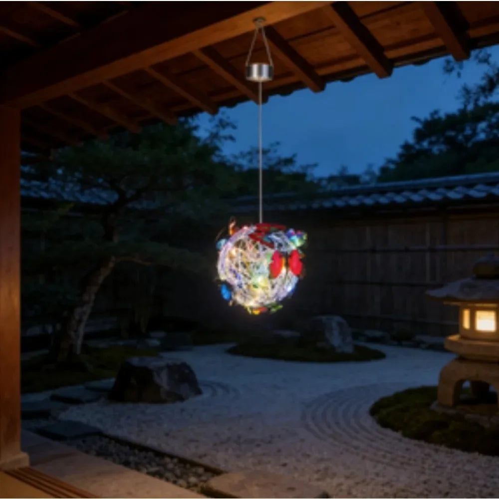 Outdoor Solar Garden Light Metal Home Decorative Nightlight Butterfly Pendant Waterproof Butterfly Round Ball Light Weaving Mesh Peaceful Pleasures Health and Wellness
