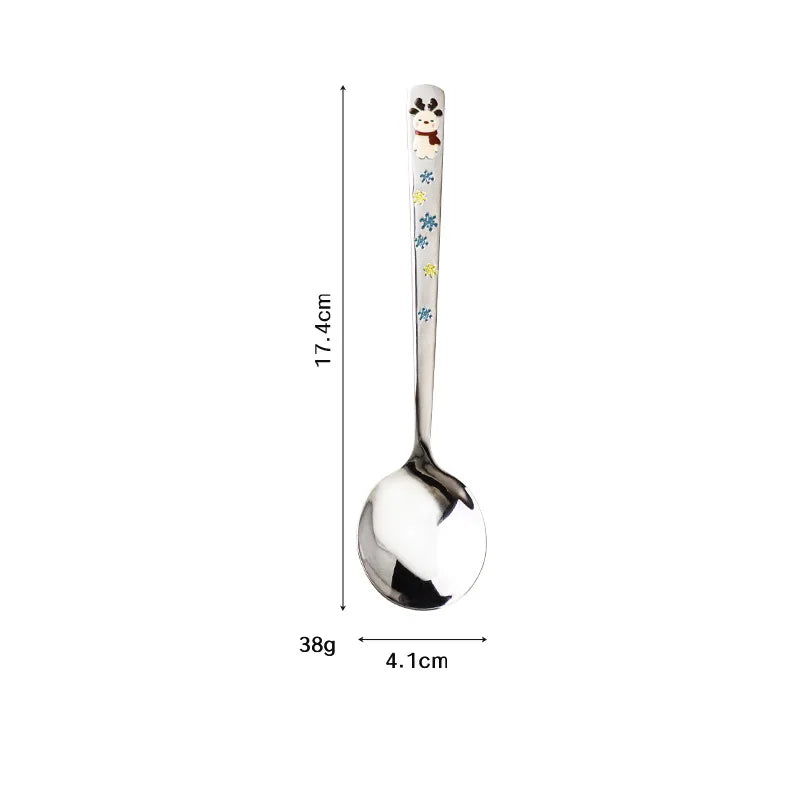 Hot 304 Stainless Steel Round Spoon Cartoon Embossed Deer Spoon Korean Style Household Long Handle Drinking Spoon Peaceful Pleasures Health and Wellness Horned Deer Red