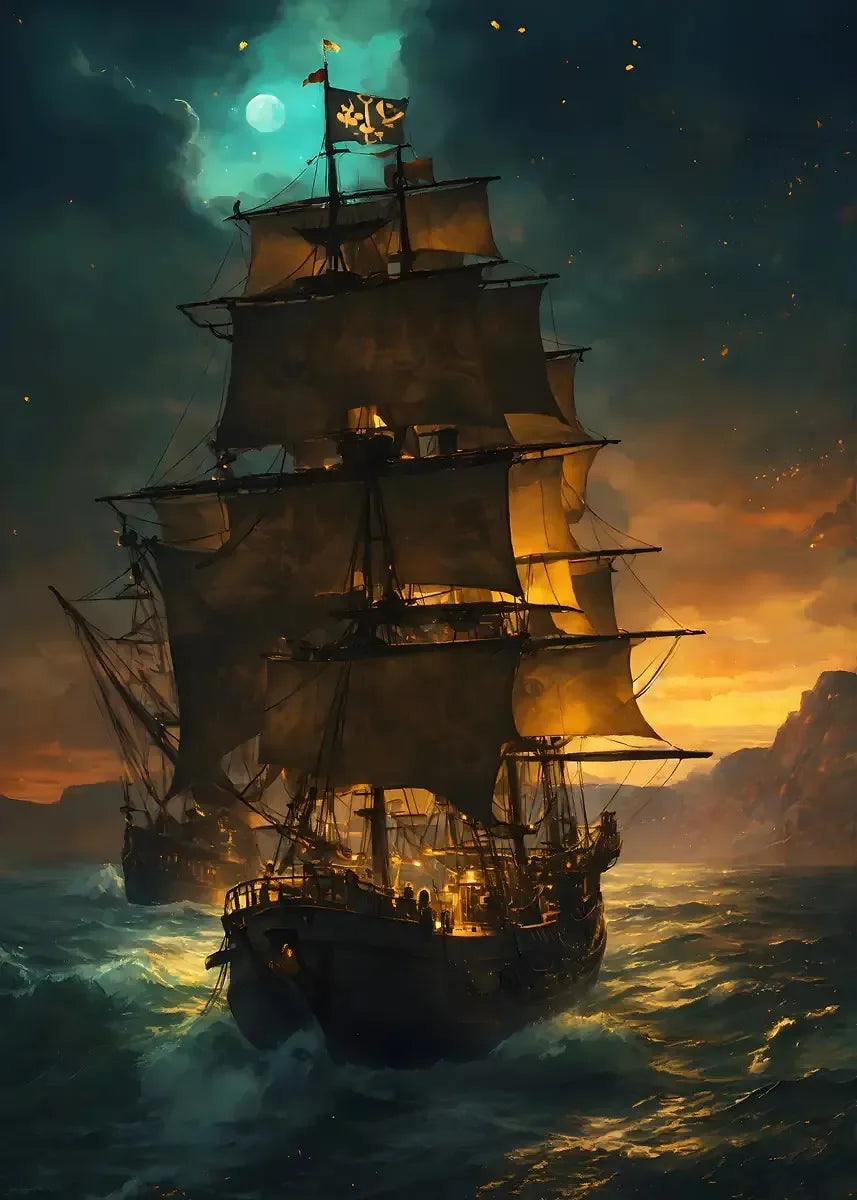 Pirate Ship Sailboat Sailing Ocean Moon Canvas Painting Poster Wall Picture Print for Living Room Home Decor Peaceful Pleasures Health and Wellness P6 40x50cm Unframed