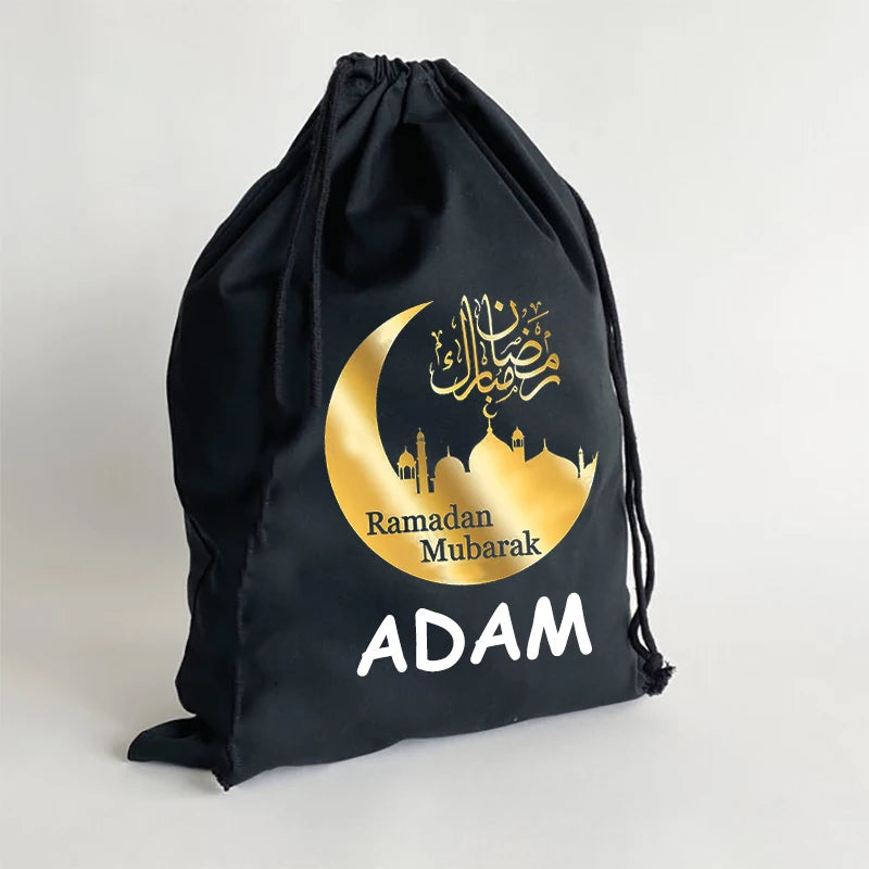 Custom Personalized Arabic Ramadan Mubarak black sack Eid al-Fitr Muslim Islamic Kareem decoration children kid present gift bag Peaceful Pleasures Health and Wellness
