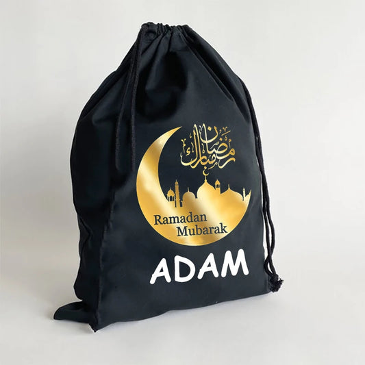 Custom Personalized Arabic Ramadan Mubarak black sack Eid al-Fitr Muslim Islamic Kareem decoration children kid present gift bag Peaceful Pleasures Health and Wellness