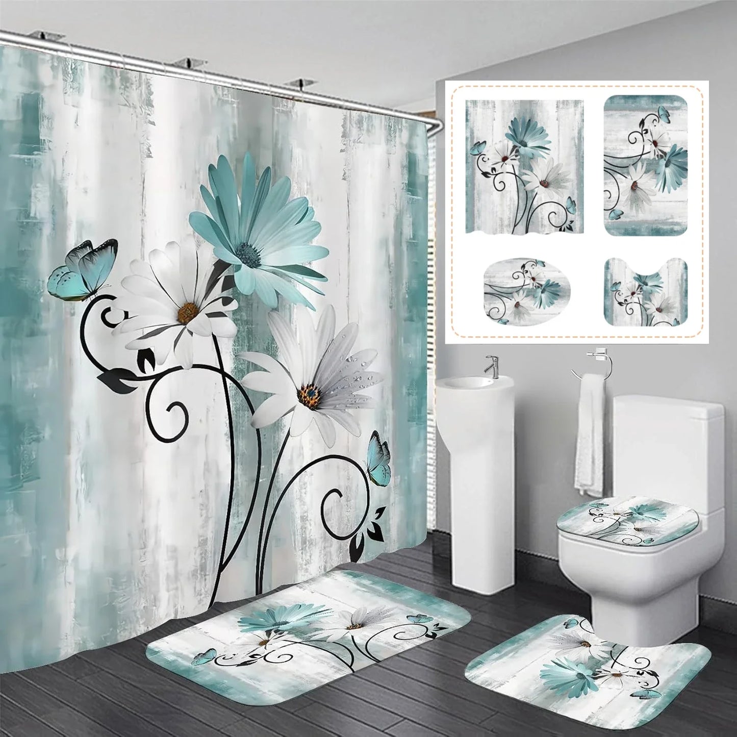 4pcs Set Doormat Shower Curtain with Non-Slip Rugs Toilet Seat Cover Bath Carpet Durable Waterproof Bathroom Home Entrance Decor Peaceful Pleasures Health and Wellness N