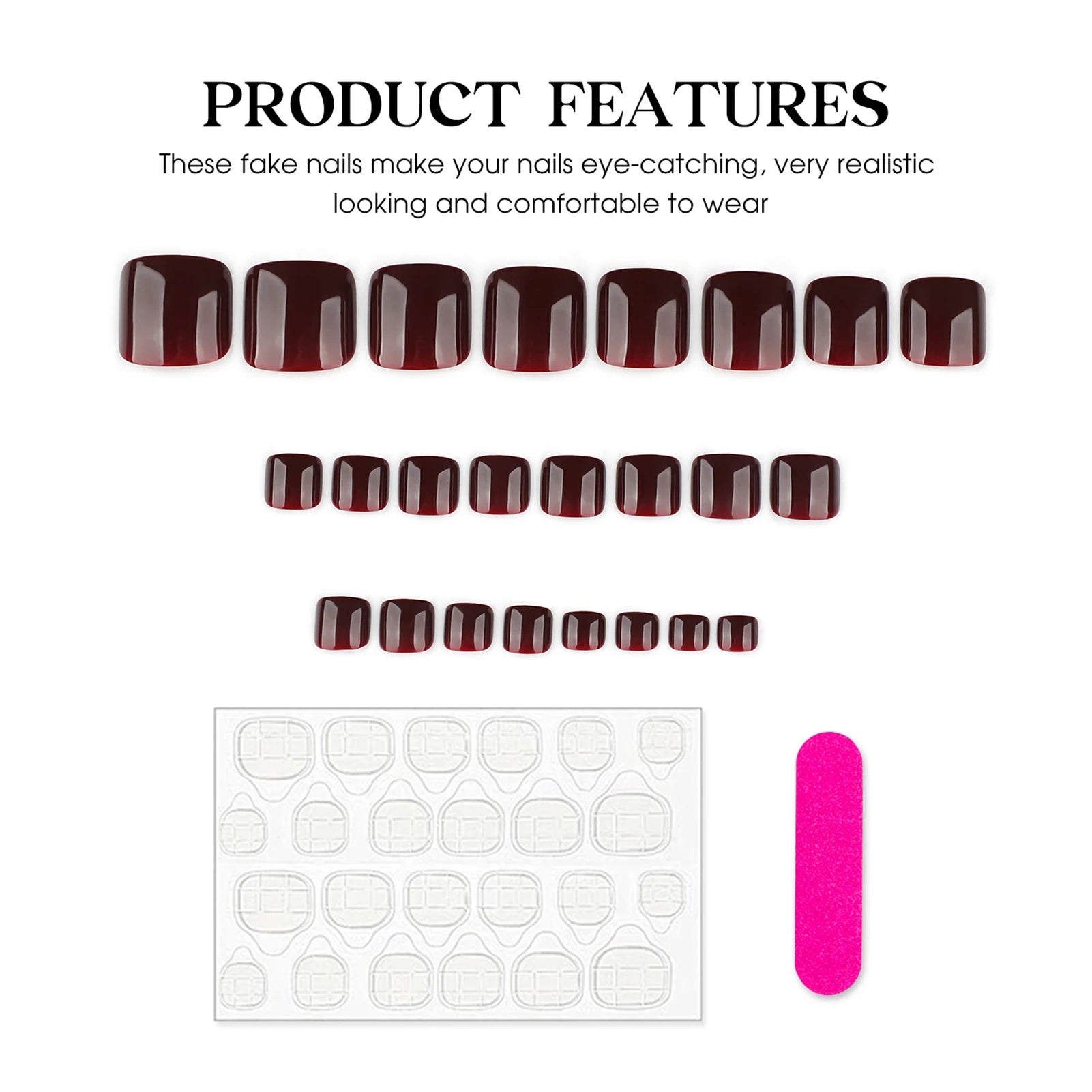 Wine Red Toe Nail Tips Press On Toenails 24pcs Reusable Charming Fake Toe Nails For Fashion Party Manicure Pedicure Decoration Peaceful Pleasures Health and Wellness