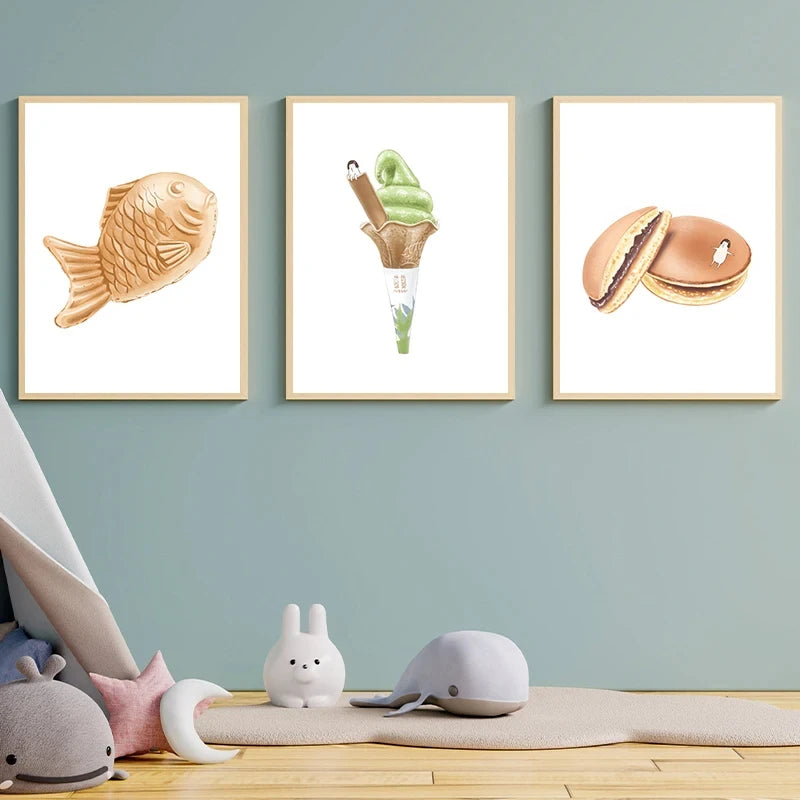 Food Watercolour Dessert Cartoon Art Posters Pudding Taiyaki Prints Canvas Printing Wall Picture for Kitchen Cafe Decor Gifts Peaceful Pleasures Health and Wellness