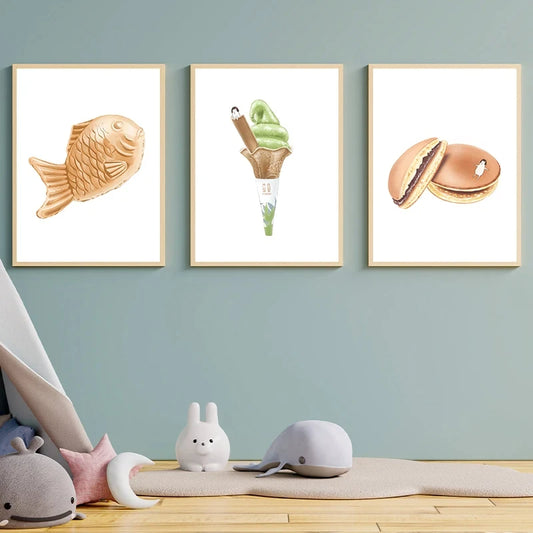 Food Watercolour Dessert Cartoon Art Posters Pudding Taiyaki Prints Canvas Printing Wall Picture for Kitchen Cafe Decor Gifts Peaceful Pleasures Health and Wellness