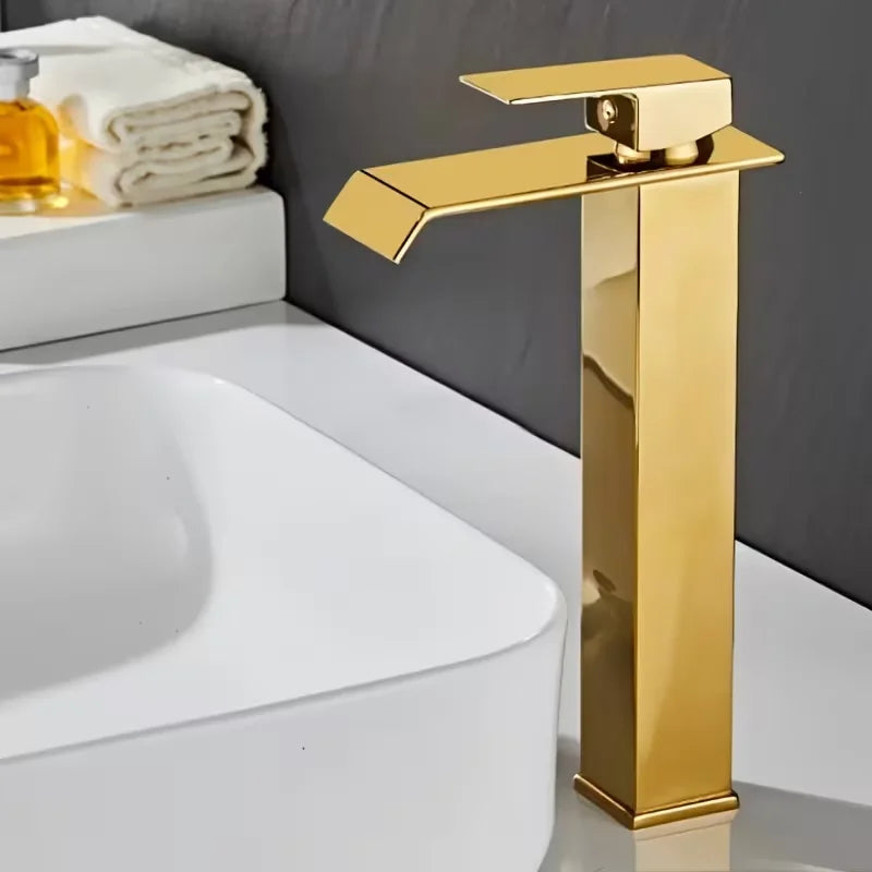 Gold & Black Waterfall Basin Faucet | Brass Bathroom Mixer Tap