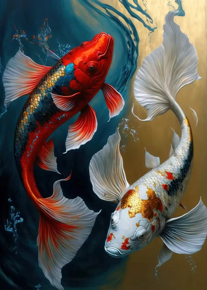 Red Koi Fish Lotus Canvas Wall Art | Good Luck Home Decor