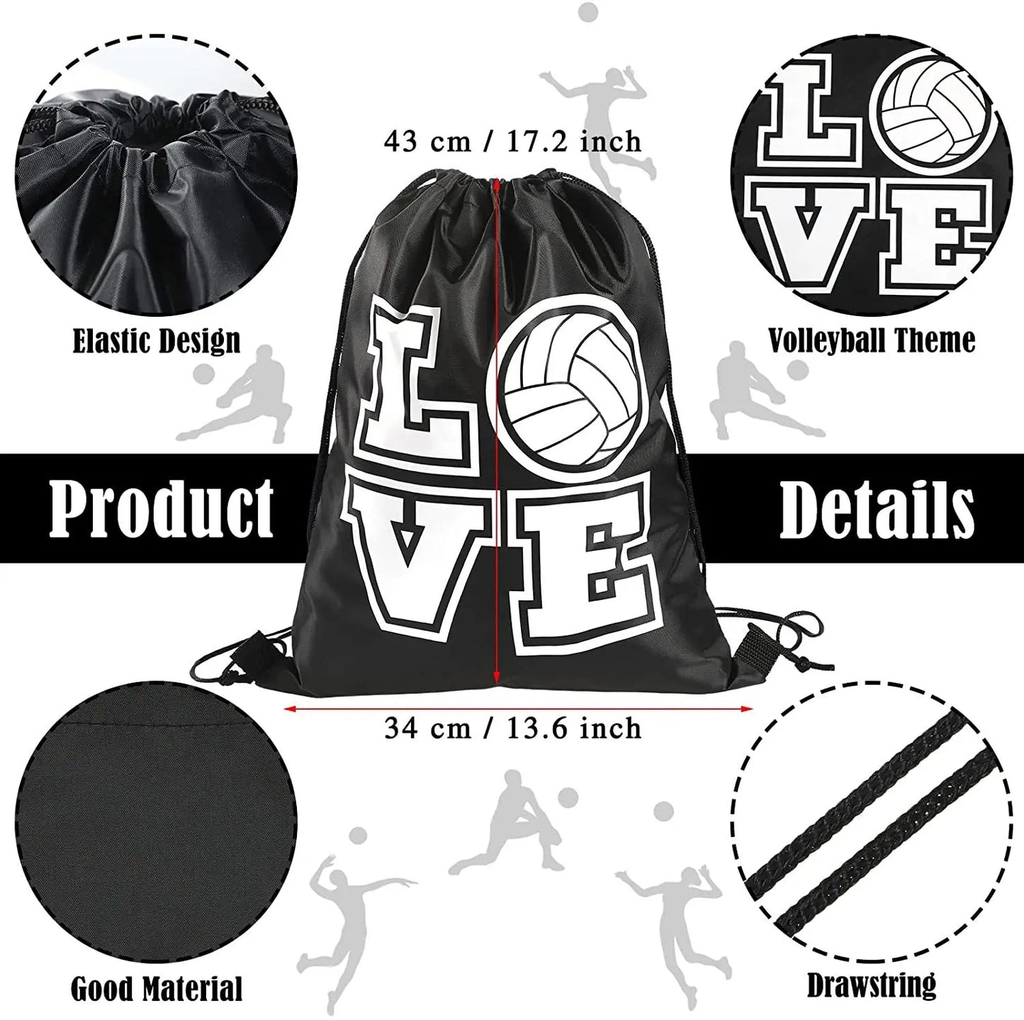 Black and white volleyball pattern fitness shoulder storage drawstring bag backpack bag backpack Ball binding bag Volleyball bag Peaceful Pleasures Health and Wellness 2pc