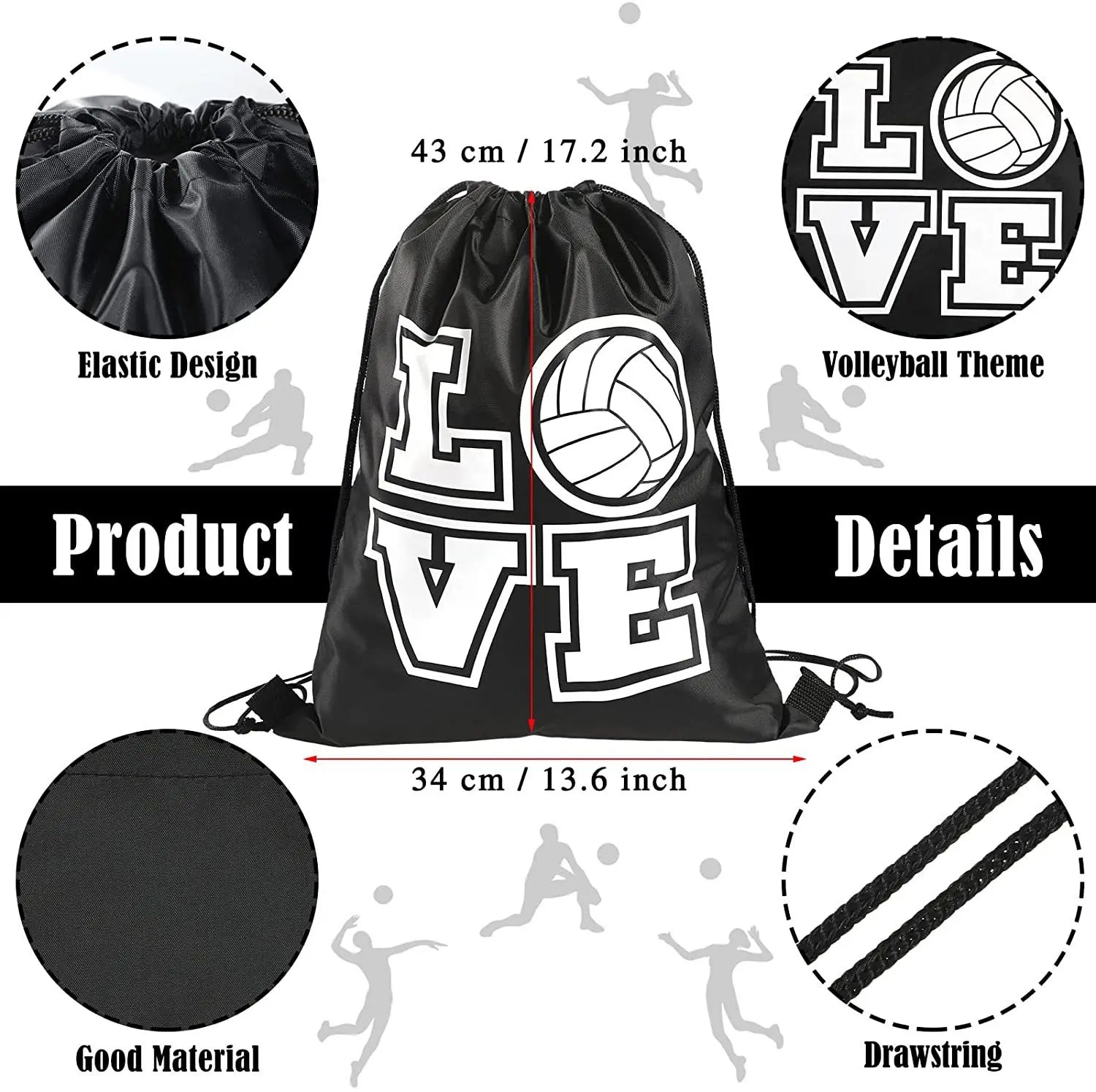 Black and white volleyball pattern fitness shoulder storage drawstring bag backpack bag backpack Ball binding bag Volleyball bag Peaceful Pleasures Health and Wellness 2pc