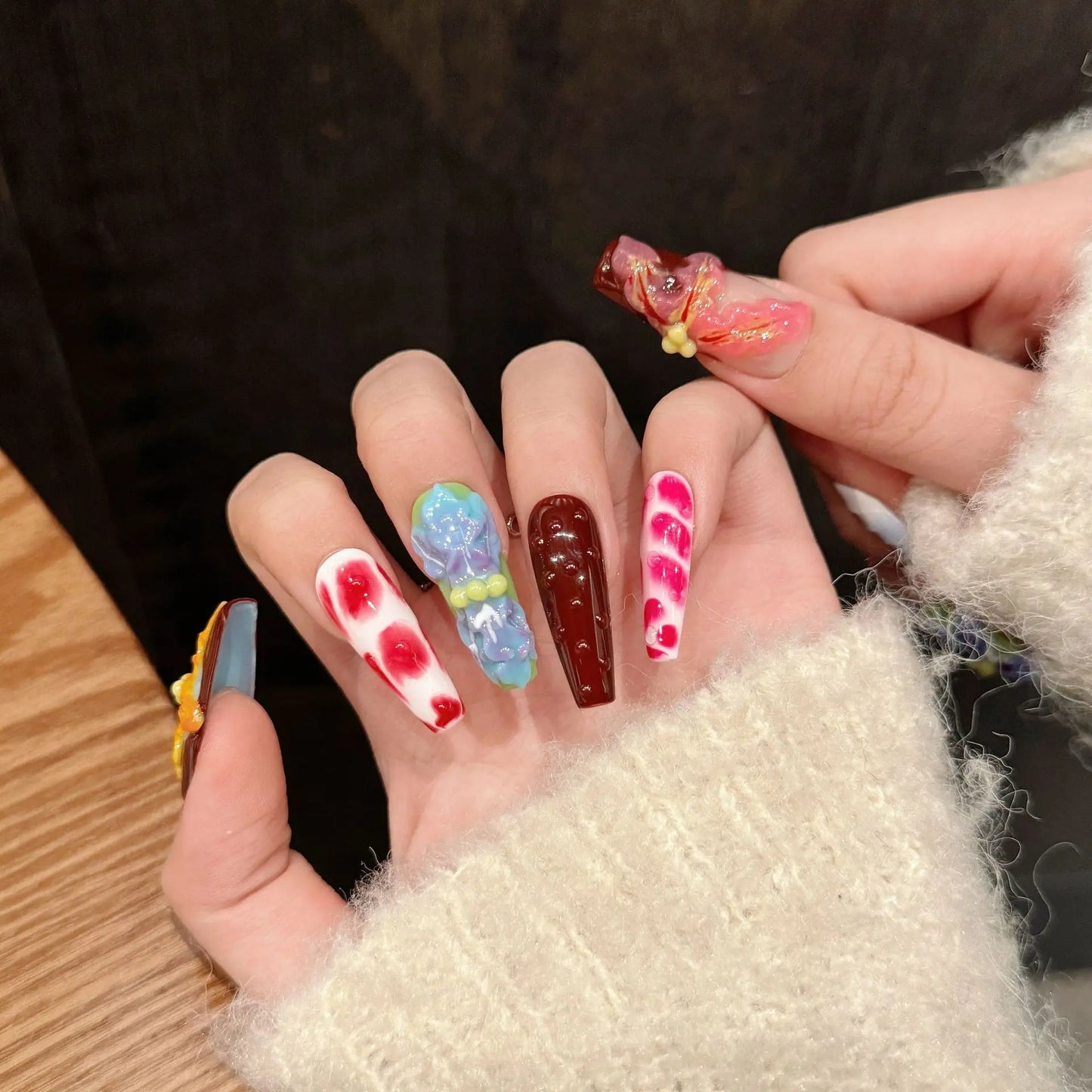 3D Press-On Nails Long Ballet Coffin | Handmade Floral Fake Nails