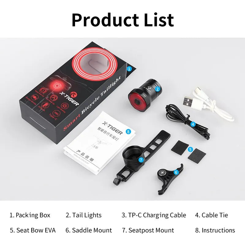 X-TIGER Smart Brake Sensing Bike Tail Light – IPX6 LED USB-C